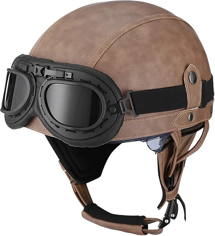 EBAYIN Casque de Moto Rétro Jet Brain Cap Casque Demi-Coque Casque Ouvert Casque de Cyclomoteur avec Lunettes Dot ECE Approuvé Scooter Cruiser Chopper Casque, A-L=(59~60cm) — Equipement ski