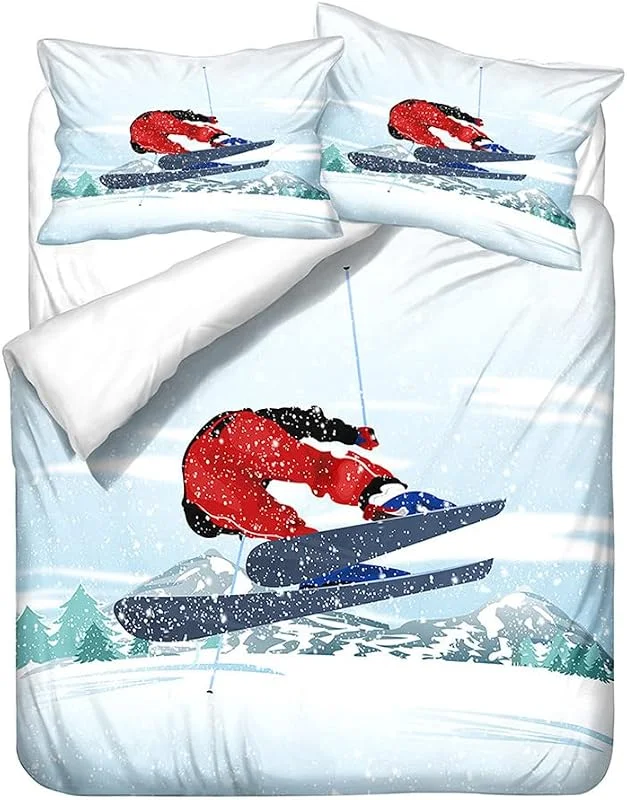 Parure de lit 140x200 Ski Style Sportif Neiger Montagne Modèle Ensemble de literie Enfants Garçon Fille Vert Jaune Housses de Couette et Taies d'oreiller — Equipement ski