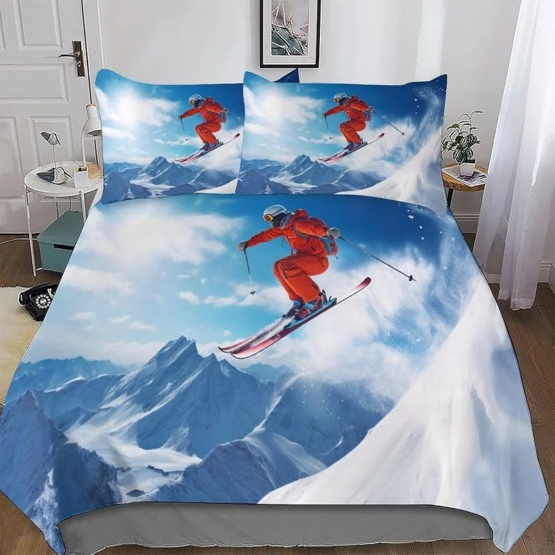 Ski Alpin 3 Pièces Parure De Lit Adulte Enfants Housse De Couette avec Taies D'oreillers Housse De Couette Microfibre Douce Double (200x200cm) — Equipement ski