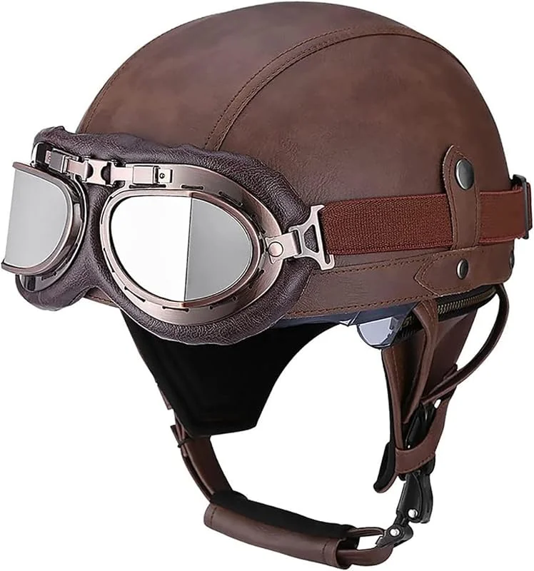 Casque de Moto rétro Demi-Casque Hommes Femmes Casque Jet avec Lunettes Dot ECE approuvé Casque de cyclomoteur Cruiser Chopper Scooter Casque — Equipement ski