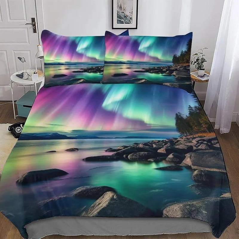 Aurores boréales Parure De Lit 3 Pièces avec Housse De Couette Et Taie d'oreiller, Microfibre Douce, 3D Housse Coutte pour Enfants Adultes Double (200x200cm) — Equipement ski