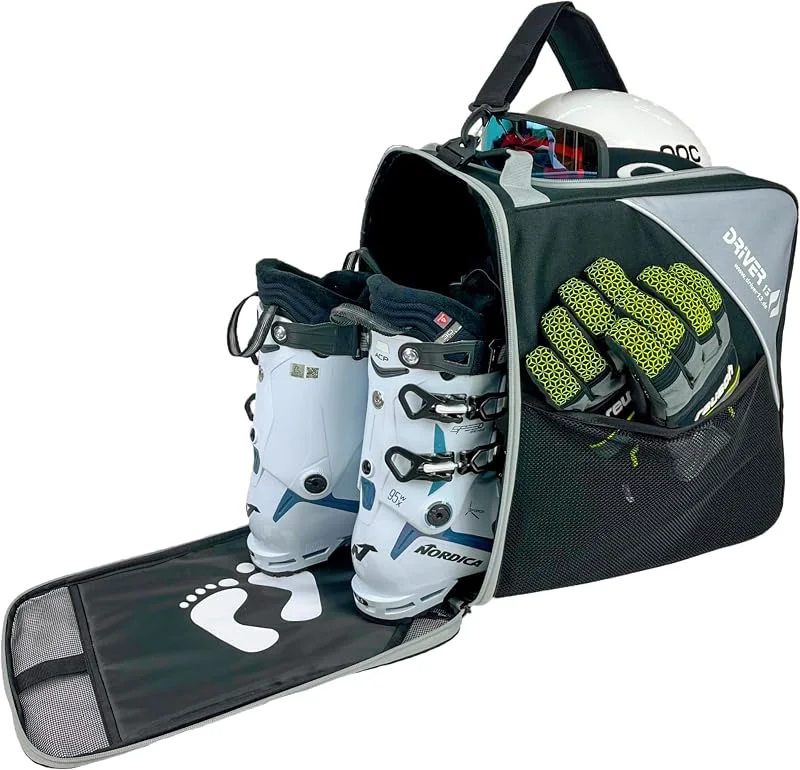 Driver13 Sac pour Chaussures, Chaussures de Ski avec Compartiment Casque (bootbag) pour Chaussures de Ski et Boots de Snowboard (Noir, Gris) — Equipement ski
