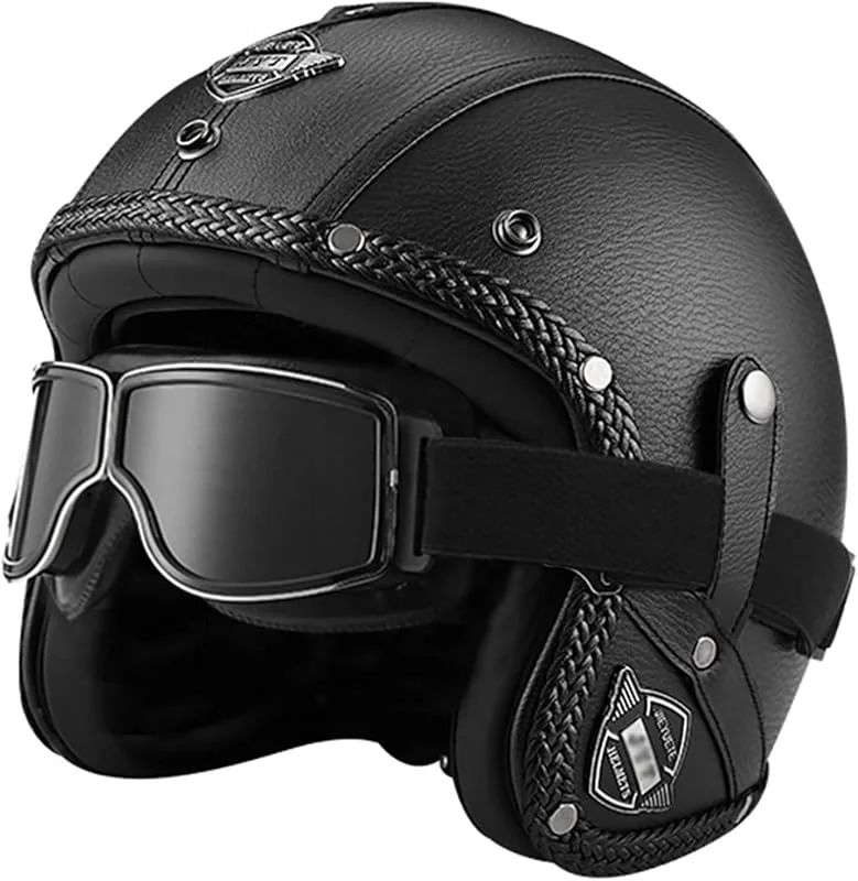 EBAYIN Casque à Visage Ouvert Cyclomoteur Jet Casque Vintage RéTro Casque Hommes Et Femmes Scooter Cuir 3, 4 Casque Demi Casque Dot ECE Approuvé avec Lunettes, A-S=(55~56cm) — Equipement ski