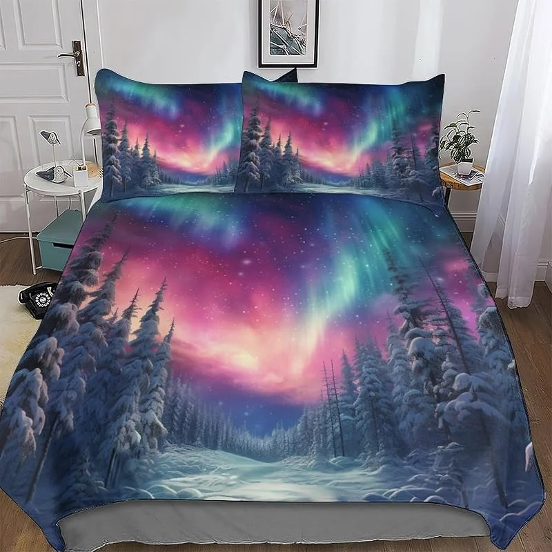 Aurore boréale Parure De Lit 3 Pièces Housse De Couette avec Taies D'oreillers pour Enfants Adultes Microfibre Douce Housse Couette Double (200x200cm) — Equipement ski