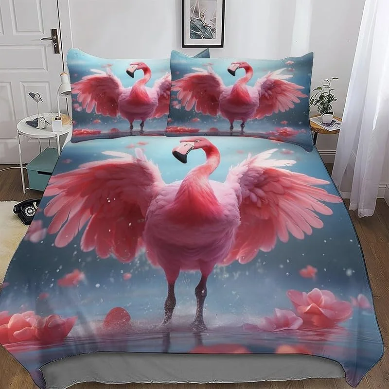 Animal Flamant Rose 3D Imprimé Parure De Lit avec Housse De Couette Et Taies d'oreiller, 3 Pièces Ensemble Ultra Doux Microfibre Hypoallergénique Double (200x200cm) — Equipement ski
