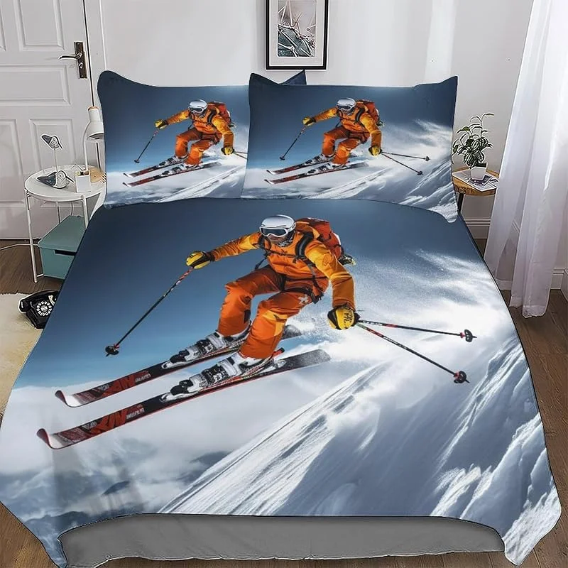 Ski Parure De Lit Housse De Couette Et Taies d'oreiller, 3 Pièces Ensemble Ultra Doux Microfibre Hypoallergénique Double (200x200cm) — Equipement ski