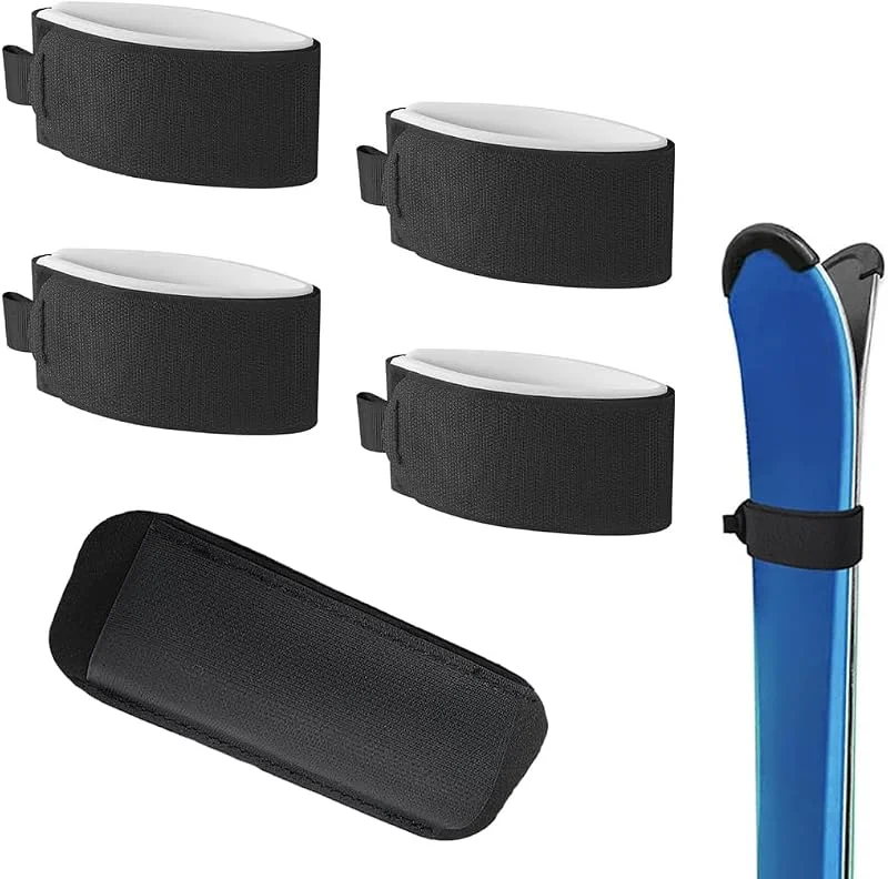 4 Pièces Sangles de Ski Réglables avec 1 Protection pour bâtons de ski, Fixation Sûre pour le Transport de Skis et Bâtons, Équipement de Montage de Sport d'Hiver — Equipement ski