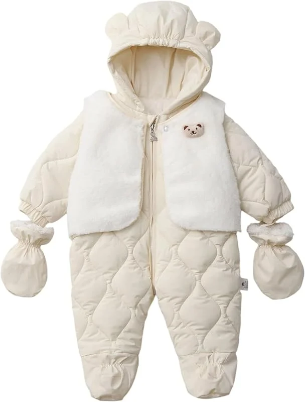 Combinaison De Ski Bébé 0-24 Mois Fleece Hiver Fermeture Barboteuse Body avec Gants Rembourré Col De Fourrure 0-12 Mois Nouveau-Né Rompers Manteau — Vetements ski