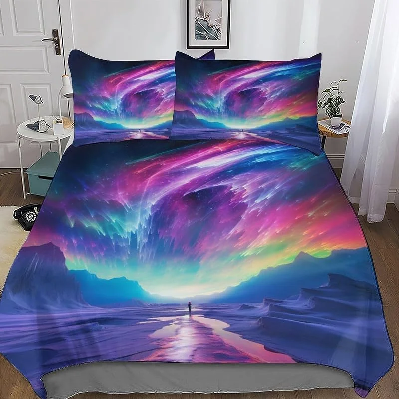 Aurore boréale Imprimé Housse De Couette Et Taie d'oreiller Et Housse Couette 3 Pièces Parure De Lit Microfibre avec Fermeture Éclair Double (200x200cm) — Equipement ski