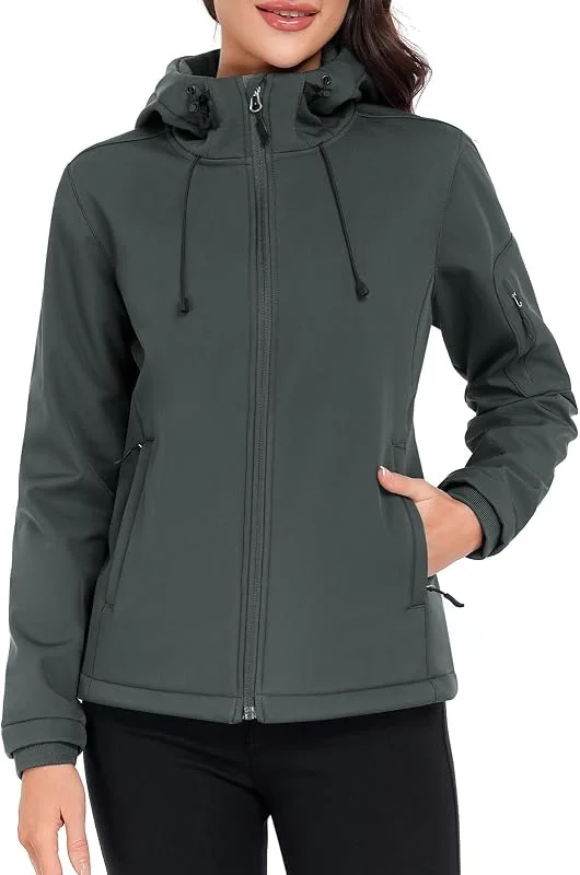 CMTOP Veste Softshell Femme Doublé Polaire Chaud Parka Imperméable À Capuche, Hydrofuge Coup-Vent Veste de Pluie d'Extérieur Veste mi Saison avec Poches À Fermeture Éclair — Vetements ski