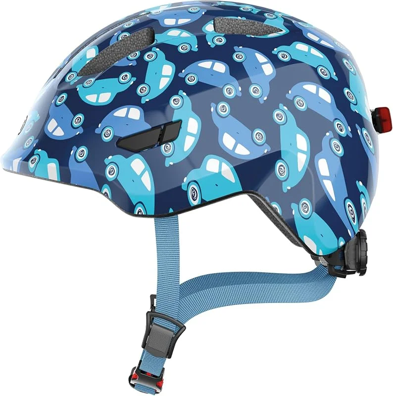 ABUS Smiley 3.0 LED Casque enfant – Casque de vélo avec éclairage pour petits enfants – Forme basse et place pour la queue-de-cheval – Pour filles et garçons, Blue Car, M(50-55 cm) — Equipement ski
