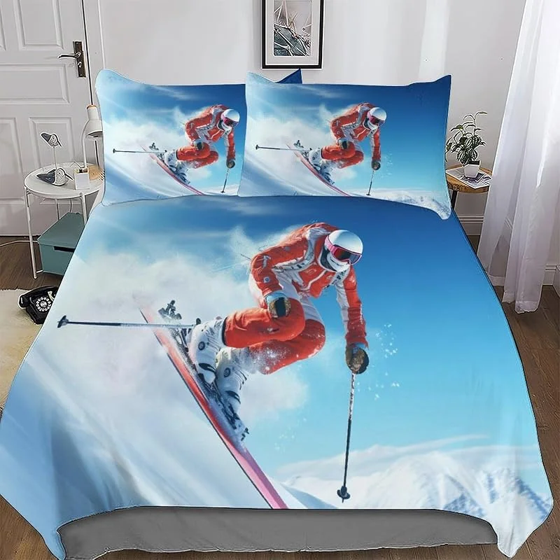 Ski Alpin Housse De Couette, Parure De Lit pour Enfant Adultes 3 Pièces avec Taie-Douce Microfibre Housse Couette Double (200x200cm) — Equipement ski