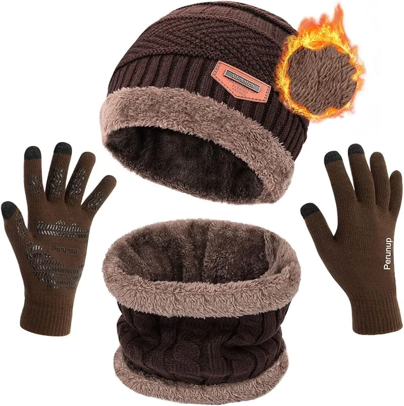 Chapeau Homme et Femme Hiver, 3 PCS Ensemble Bonnet Echarpe Doublé Polaire Chaude Tricot, Gant Tactile Accessoire Ski pour Sports de Plein Air et Quotidien — Vetements ski