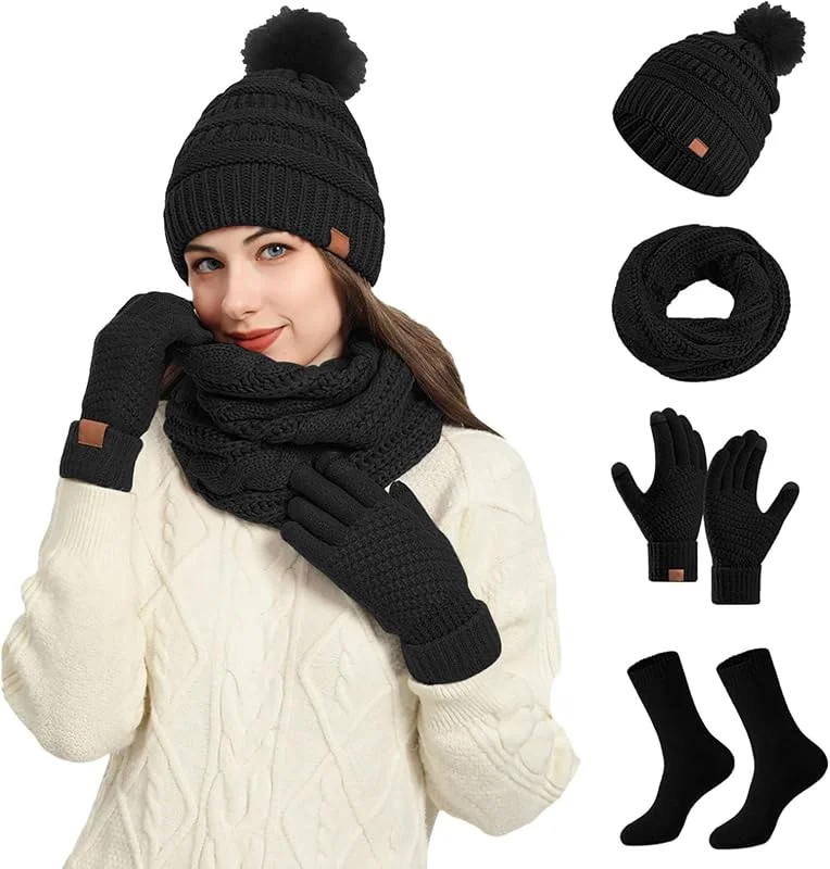 Ensemble Bonnet, Bonnet Tricoté Élastique Chaud Pour Femme Ensemble Composé D'Une Écharpe D'Un Bonnet Et De Gants Foulard Femme Musulmane Pour Sports De Plein Air, Course À Pied — Vetements ski