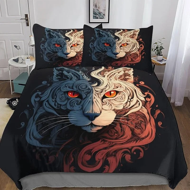 Chat Parure De Lit Housse De Couette Et Taies d'oreiller 3 Pièces Motif 3D Hypoallergique Housse De Couette Microfibre pour Enfants Adultes Double (200x200cm) — Equipement ski