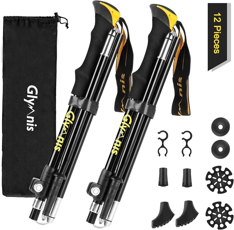 Glymnis Bâtons de randonnée 7075 - En aluminium - Réglable de 110 à 130 cm - Fermeture par serrage avec 4 paires de tampons en caoutchouc pour trekking, Noir, 110cm-130cm — Equipement ski