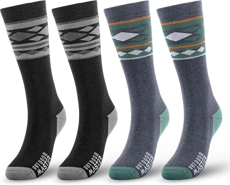 OutdoorMaster Lot de 2 paires de chaussettes de ski en laine mérinos, manchette antidérapante sur le mollet (OTC) pour homme et femme — Vetements ski