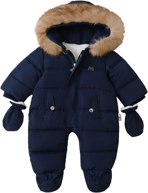 Bébé Tricoté Polaire Doublé Combinaison De Neige Manteaux Et Blousons Hiver Vêtements Ours Oreilles À Capuche Vers Le Bas — Vetements ski