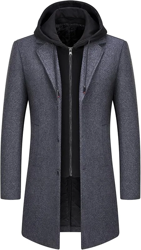 Manteau Homme en Laine à Capuche Amovible Chaud Long — Vetements ski