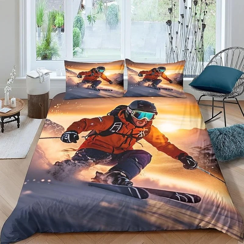 3D Imprimée Housse De Couette 155X220 Cm Et Taies d'oreiller Ski Sports Extrêmes Parure De Lit avec en Microfibre Douce pour Adultes Adolescents Enfants avec Fermeture À Glissière -001L403L102N — Equipement ski