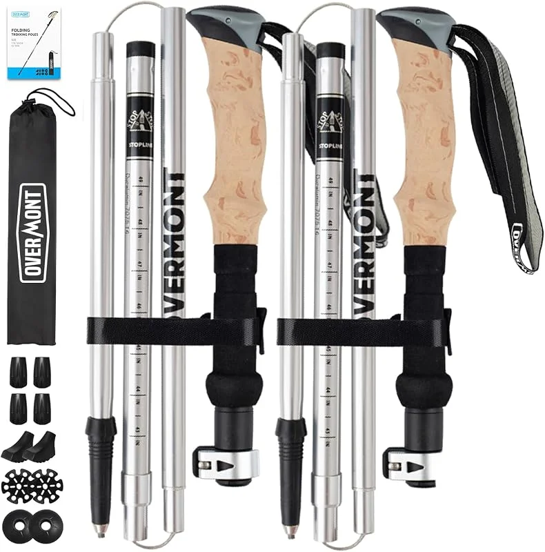 Overmont Bâtons de randonnée Pliables en Aluminium Ultra léger - Réglable de 105 à 125 cm - Bâtons de Marche Nordique - 1 Paire avec Accessoires Tout-Terrain — Equipement ski