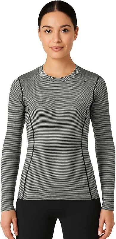 Merino Protect Chemise thermique à rayures 100 % laine mérinos pour femme - Régulation de la température - Pour randonnée, voyage — Vetements ski
