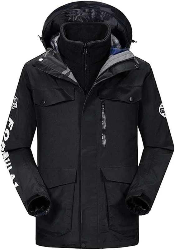MU Vêtements Pour Hommes 3 En 1 Veste Résistant À L'Eau - Veste de Ski - Manteau Réglable Capuche Hommes, Intérieur En Polaire Amovible Veste de Pluie, Black, Xxl — Vetements ski