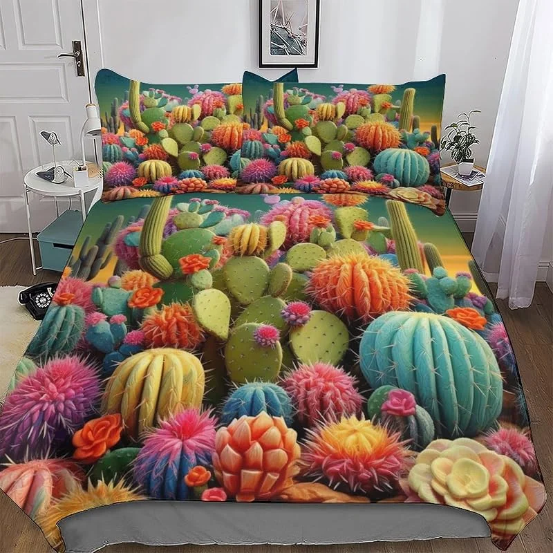 Cactus 3D Imprimé Parure De Lit avec Housse De Couette Et Taies d'oreiller, 3 Pièces Ensemble Ultra Doux Microfibre Hypoallergénique Double (200x200cm) — Equipement ski