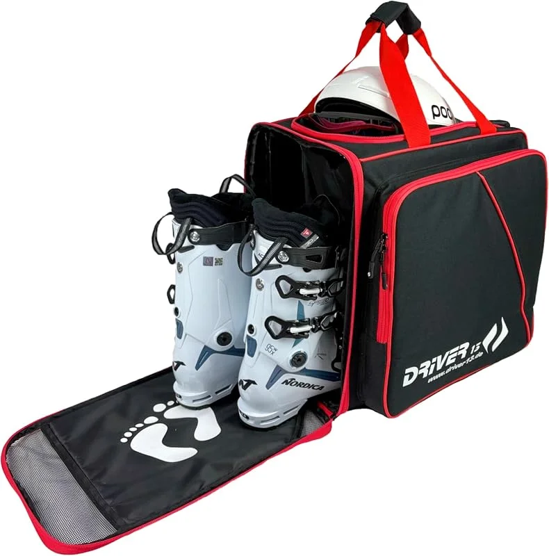 Driver13 Sac à Dos pour Chaussures de Ski avec Compartiment Casque, Sac bootbag pour Chaussures de Ski et Boots de Snowboard, Dimensions 40 x 28 x 44 cm, Noir, Rouge — Equipement ski