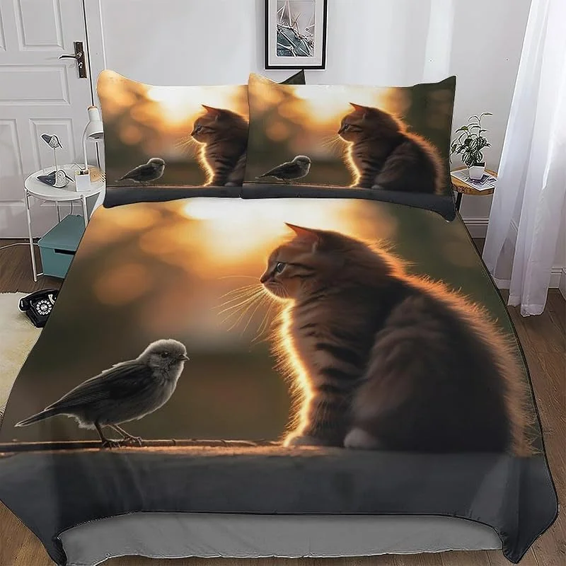 Animal Chat 3D Parure De Lit Microfibre De Housses De Couette 3 Pièces Douce Ensemble De Housse De Couette avec Taies d'oreiller pour Adultes Enfants Double (200x200cm) — Equipement ski