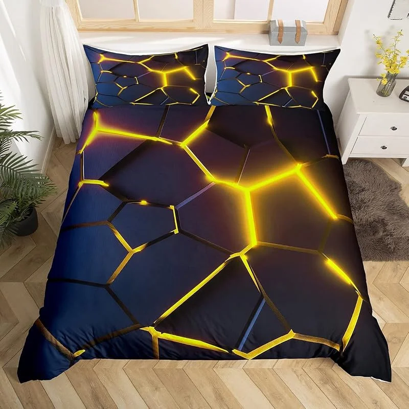 Homemissing Parure de lit en nid d'abeille pour filles – Housse de couette à motif géométrique et ruche – Jaune – Pour lit double — Equipement ski