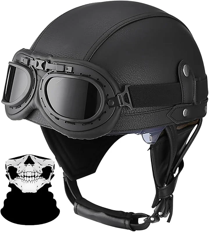 Casque Moto Jet Homologué ECE, Rétro Vintage Cuir Ouvert avec Lunettes et Masque Tête de Mort Doublure Lavable pour Scooter Cruiser Homme — Equipement ski