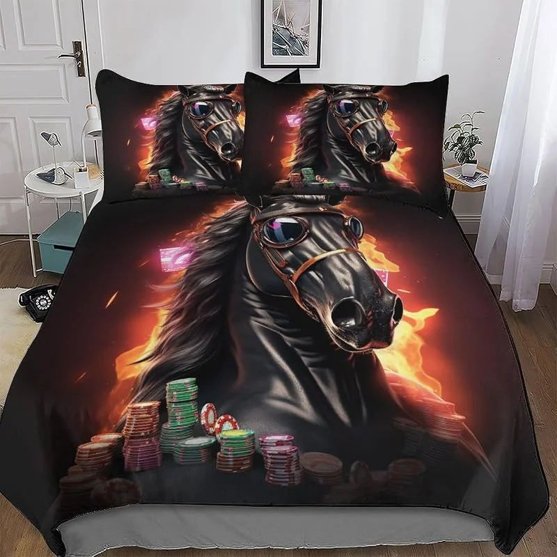 Cheval 3 Pièces Housse De Couette Doux Microfibre Coton Parure De Lit Enfants Adulte avec Fermeture Éclair avec Taie d'oreiller Ensembles Housse Couette Double (200x200cm) — Equipement ski