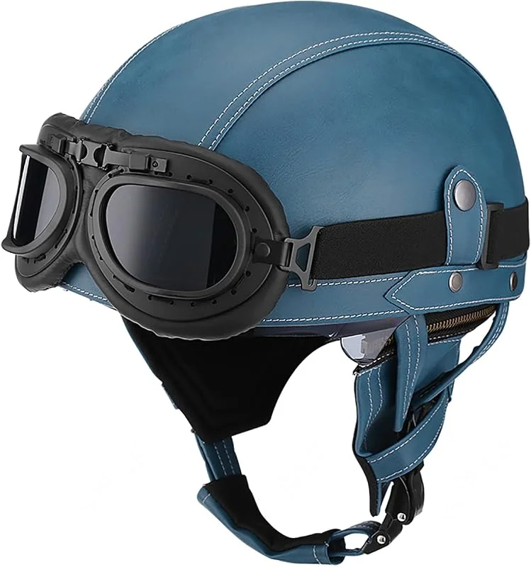 EBAYIN Casque Bol Homologué ECE Demi-Casque Moto Casque en Cuir Casque Jet Casque rétro personnalisé Homme et Femme Casque Cruiser Chopper Scooter cyclomoteur Casque avec Lunettes, G-XL=（61~62cm） — Equipement ski
