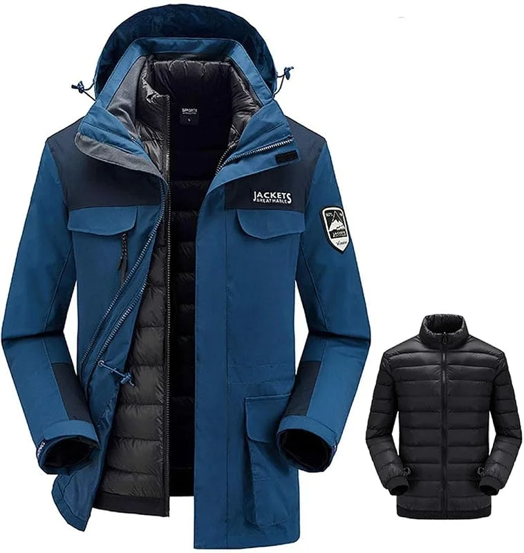 MU Men's Wateroms's Waterover 3 En 1 Veste de Ski Veste À L'Eau Chaude Hiver Manteau de Snowboard Vestes de Snowboard Avec Manteau de Montagne À Capuche Détachable, Blue, 4Xl — Vetements ski