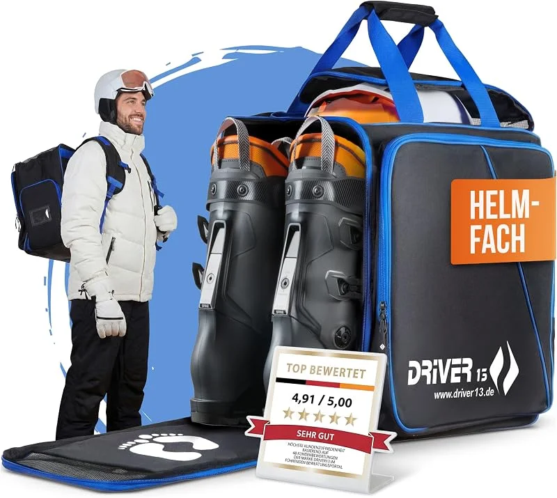 Driver13 ® Sac à Dos pour Chaussures de Ski avec Compartiment pour Casque + Sac pour Chaussures de Ski avec Compartiment pour Casque pour Hard + Snowboard Boot + inliner + bootbag Bag Noir-Bleu — Equipement ski