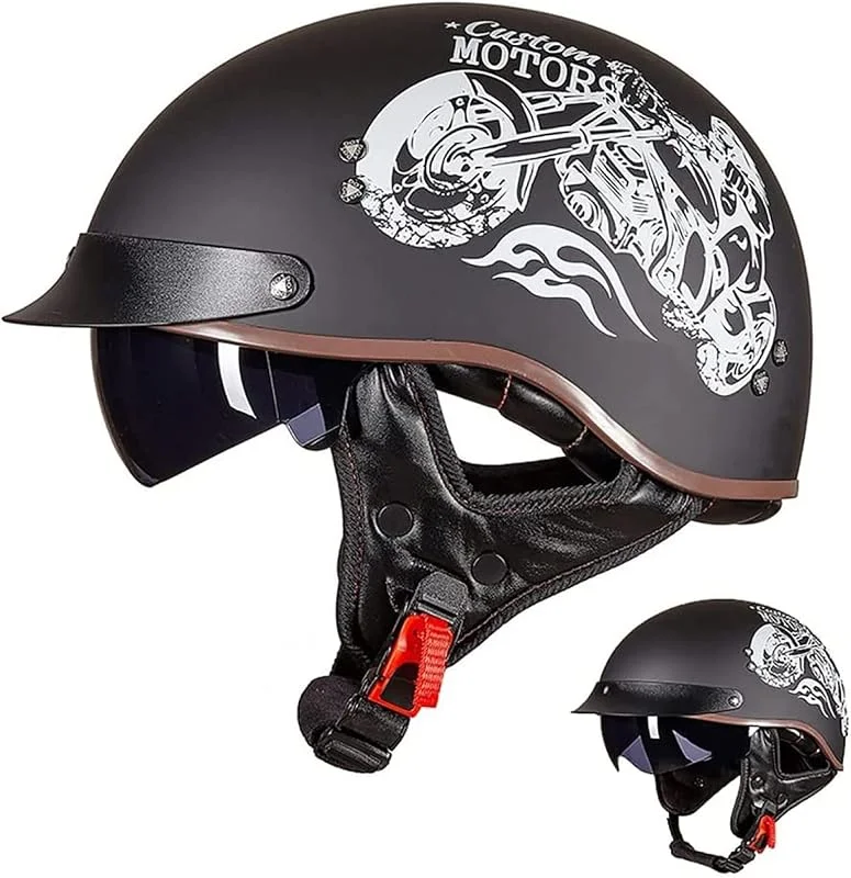 EBAYIN Casque Bol Casque De Moto Casque Ouvert Demi-Casque Vintage Approuvé par ECE Cruiser Chopper Scooter Casque avec VisièRe IntéGréE Fixation Rapide Demi-Casque Adulte, M-M（57-58cm） — Equipement ski