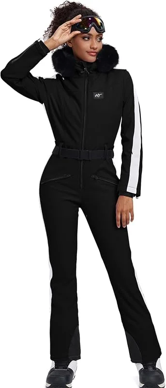 HOTIAN Combinaison de ski pour femme - Une pièce - Combinaison de ski - Hiver - Chaude - Imperméable - Coupe-vent - Combinaison de neige - Avec capuche, Noir, XS — Vetements ski