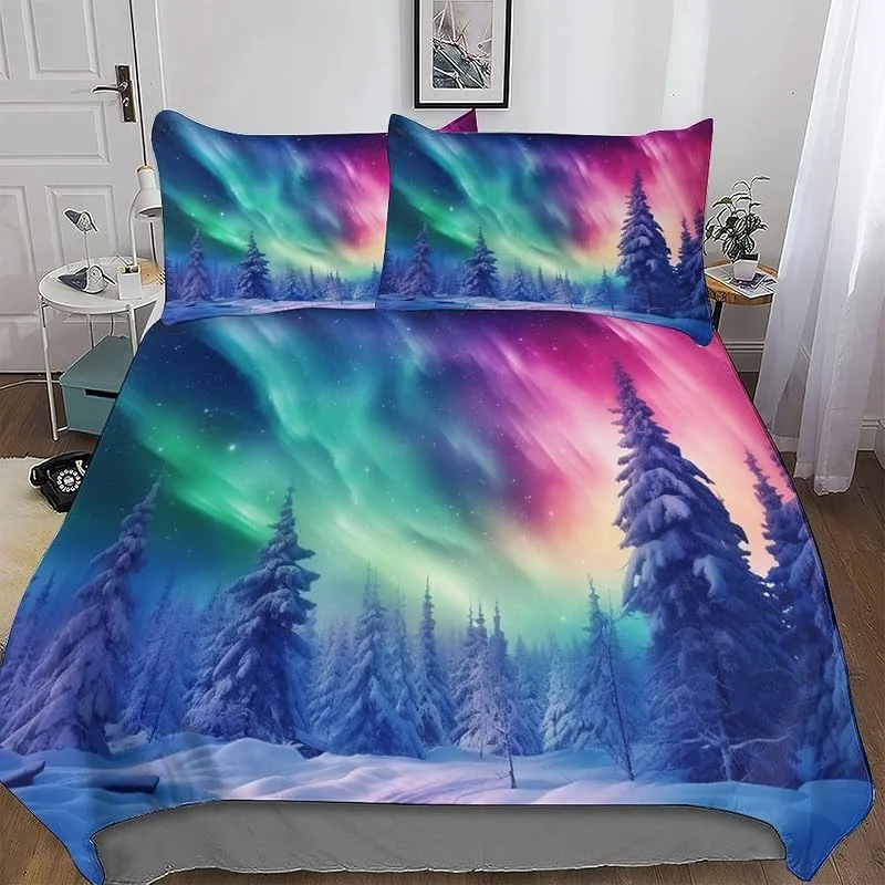 Aurore 3D Imprimé Parure De Lit avec Housse De Couette Et Taies d'oreiller, 3 Pièces Ensemble Ultra Doux Microfibre Hypoallergénique Double (200x200cm) — Equipement ski