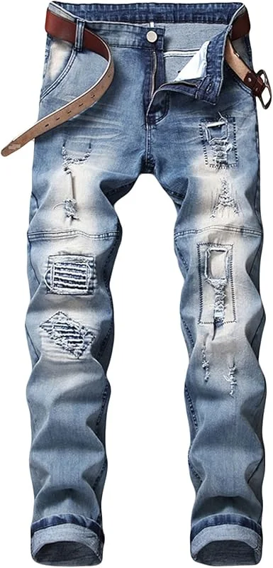 DGKaxiyaHM Jean Coupe Droite Taille Plus pour Homme Pantalon en Denim brodé à Taille Moyenne Jean Motard Coupe Slim Stretch déchiré — Vetements ski