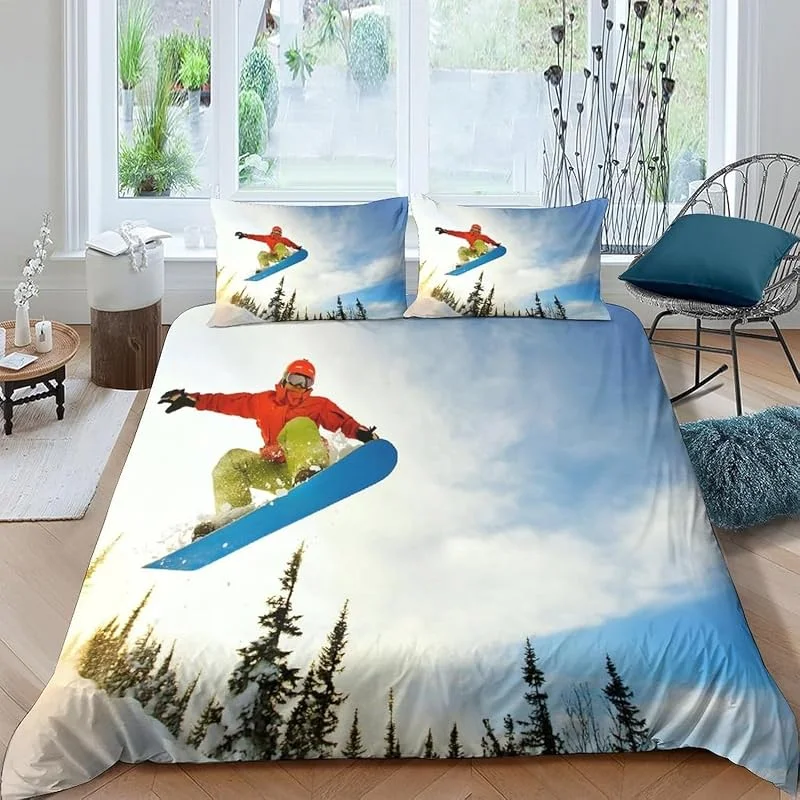 3D Imprimé Housse De Couette Ski Sports Extrêmes Parure De Lit en Microfibre avec Fermeture Éclair avec 2 d'oreiller Adultes Et Enfants 3 Pièces Housses De Couettes - Confortable 220X240-77075378518 — Equipement ski