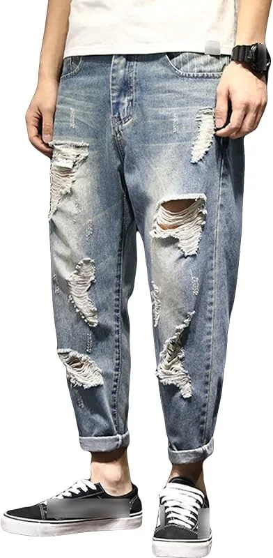 DGKaxiyaHM Jeans déchirés Vintage pour Hommes Jean Sarouel déchiré Taille mi-Haute Pantalon en Jean Court décontracté à Poche lâche — Vetements ski