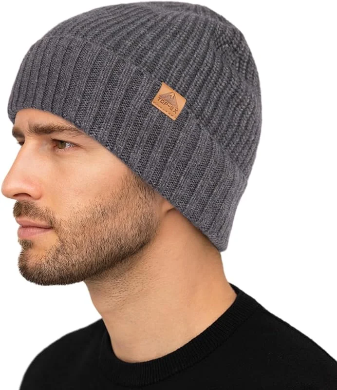 TOP-EX Bonnet en laine mérinos pour homme, bonnet d'hiver chaud en laine avec doublure en polaire, bonnet thermique à revers pour homme, bonnet en laine douce pour temps froid, randonnée, travail — Vetements ski