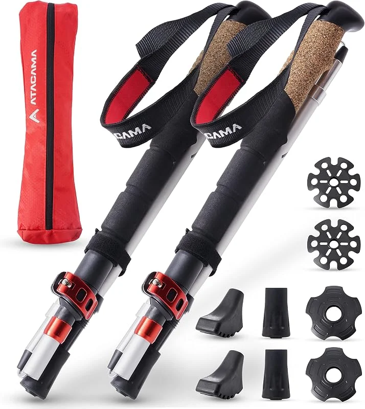 ATACAMA Bâtons de Randonnée Nordique – ultralégers, Pliables & télescopiques – Fibre de Carbone, poignées en liège – bâtons de Marche pour Homme & Femme (63–135 cm) — Equipement ski