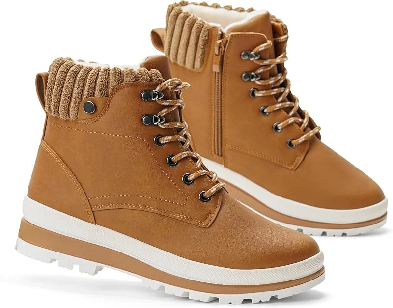 GLAMORA Bottes de Neige Femme, Bottines d’Hiver Fourrées Imperméables, Chaussures Randonnée Trekking Montagne Après-Ski, Chaudes Antidérapantes, Zip Latéral, Lacets, Semelle Crantée — Equipement ski