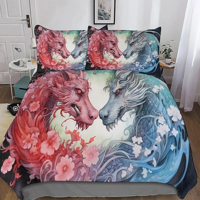 Dragon Parure De Lit Housse De Couette Et Taies d'oreiller 3 Pièces Housse De Couette Microfibre pour Enfants Adultes Double (200x200cm) — Equipement ski