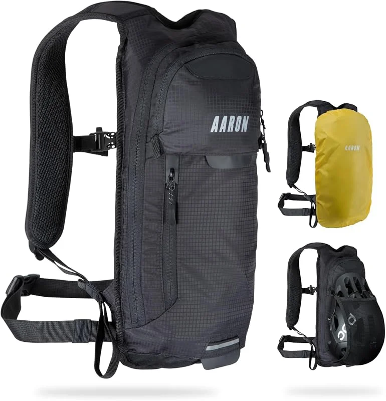 AARON Sac à dos de vélo et sac à dos de ski 8L étanche avec protection contre la pluie, rembourrage dorsal ergonomique pour femmes et hommes Sac à dos de vélo VTT, noir — Equipement ski