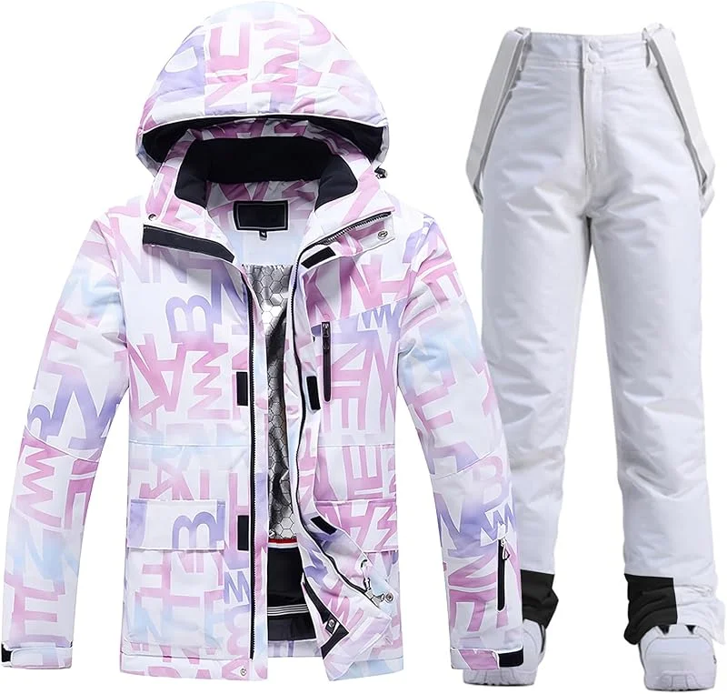 ALSOGO Ensemble veste de ski et pantalon de ski pour femme - Combinaison de ski 2 pièces - Colonne d'eau - Veste de neige respirante - Bretelles coupe-vent - Pantalon de neige avec capuche amovible — Vetements ski